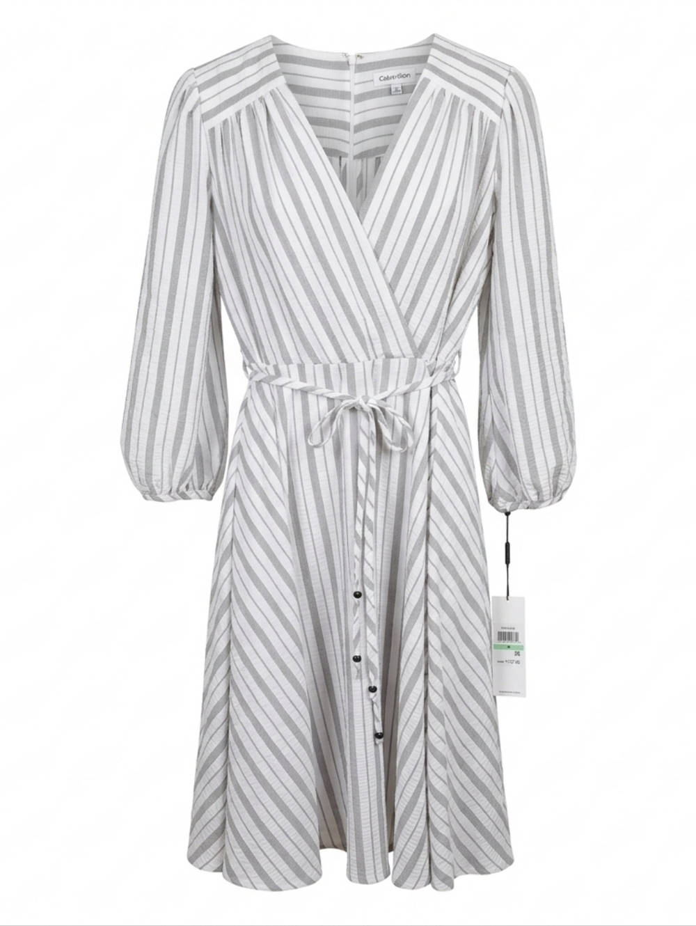 NWT Calvin Klein Striped Faux Wrap V-Neck Gray White Midi Dress Size 8